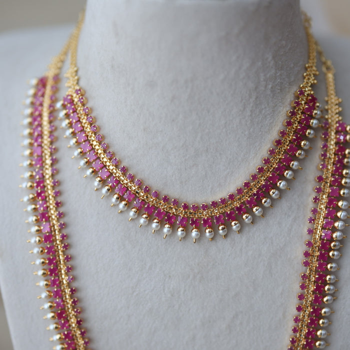 Heritage gold plated short and long ruby stone necklace set with earrings HPS677