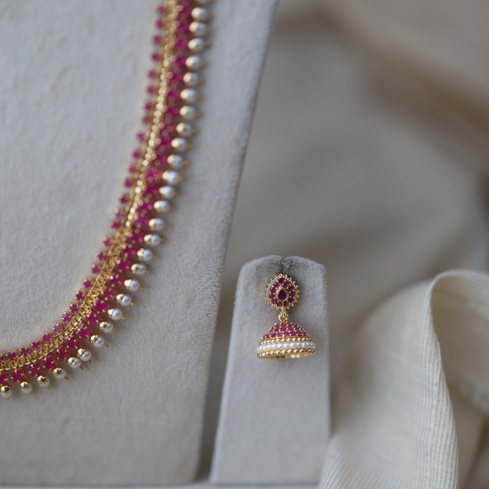 Heritage gold plated short and long ruby stone necklace set with earrings HPS677
