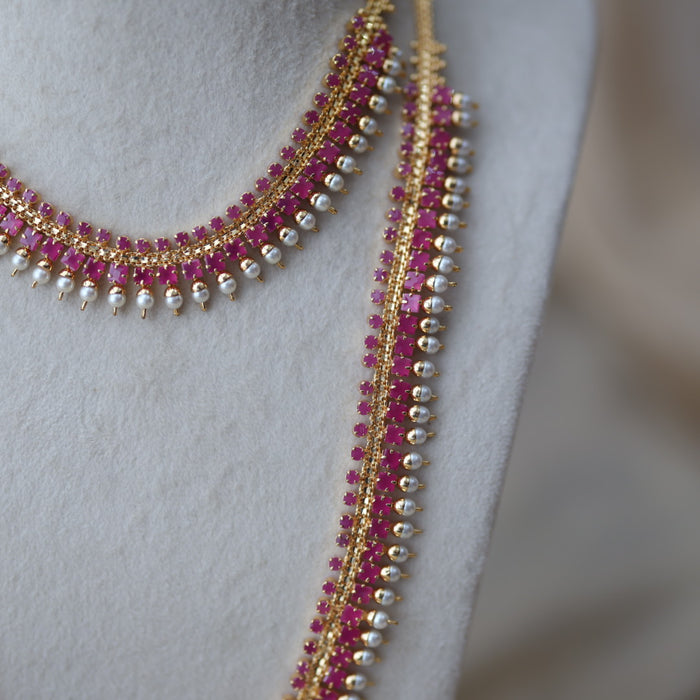 Heritage gold plated short and long ruby stone necklace set with earrings HPS677