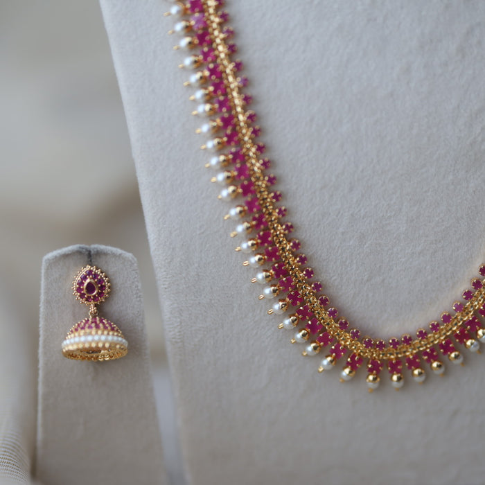 Heritage gold plated short and long ruby stone necklace set with earrings HPS677