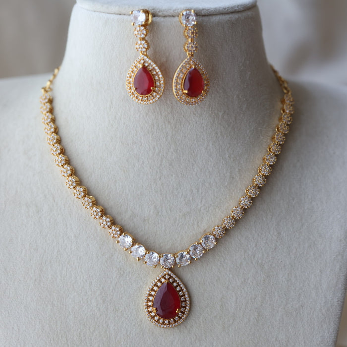 Heritage gold plated ruby white stone short necklace with earrings HRW1479