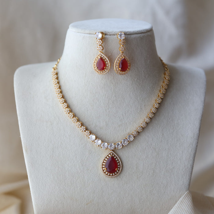 Heritage gold plated ruby white stone short necklace with earrings HRW1479