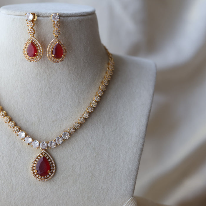 Heritage gold plated ruby white stone short necklace with earrings HRW1479