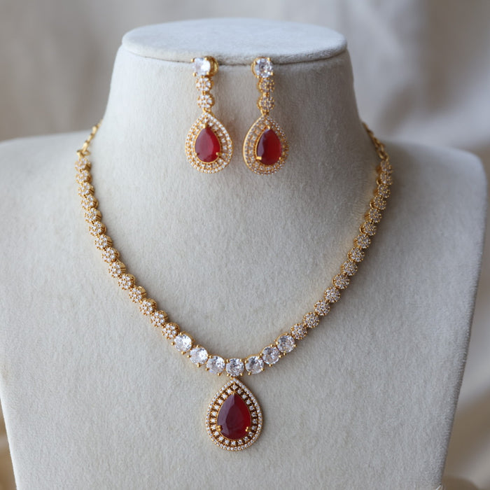 Heritage gold plated ruby white stone short necklace with earrings HRW1479