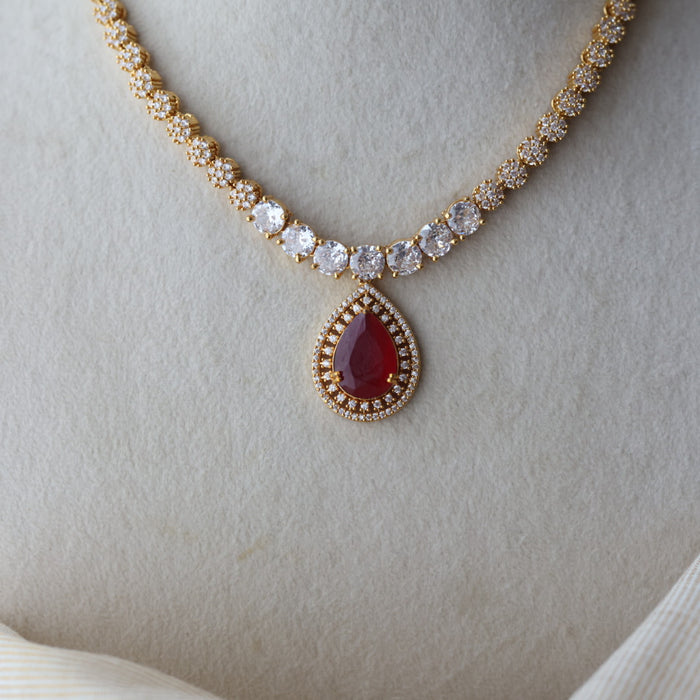 Heritage gold plated ruby white stone short necklace with earrings HRW1479
