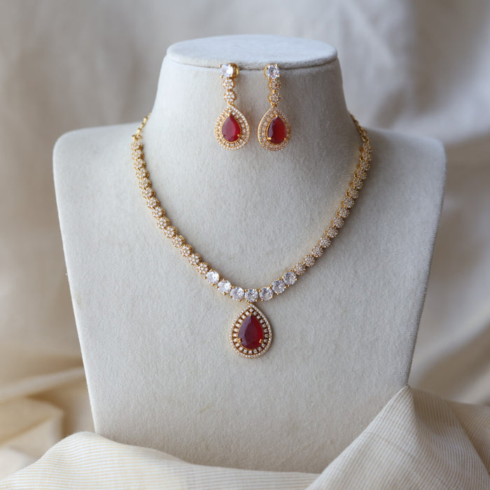 Heritage gold plated ruby white stone short necklace with earrings HRW1479