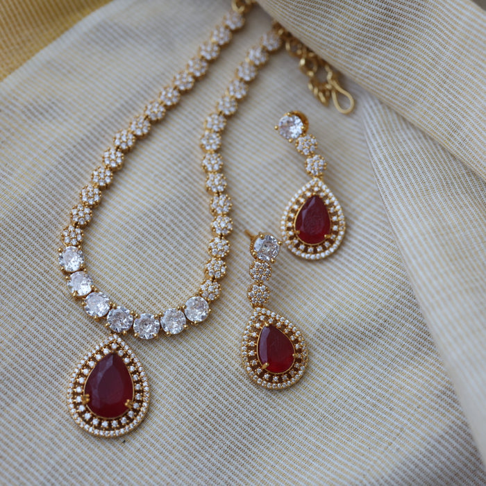 Heritage gold plated ruby white stone short necklace with earrings HRW1479