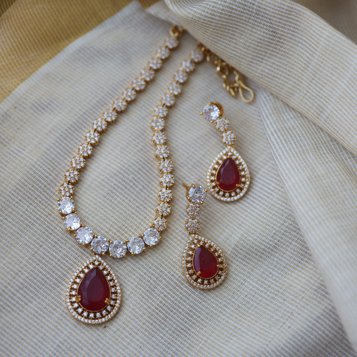 Heritage gold plated ruby white stone short necklace with earrings HRW1479