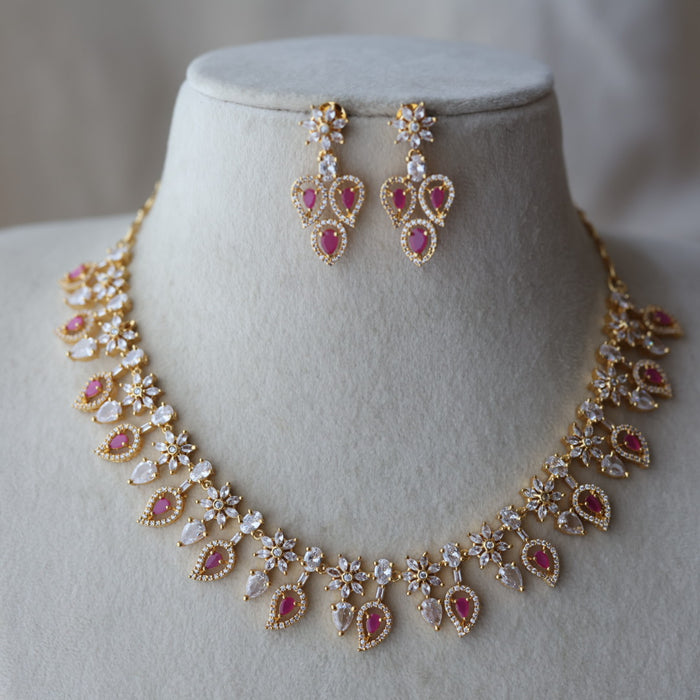 Heritage gold plated ruby white stone short necklace with earrings HRW8923