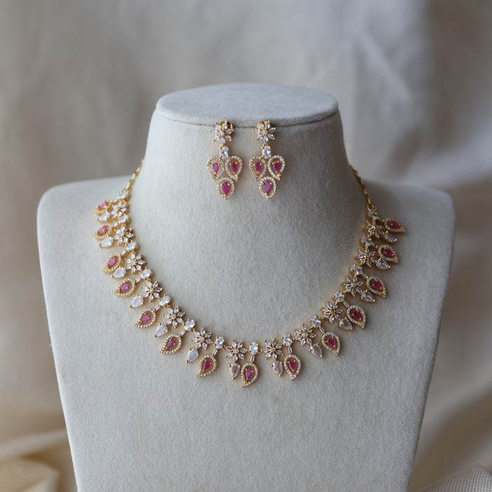 Heritage gold plated ruby white stone short necklace with earrings HRW8923