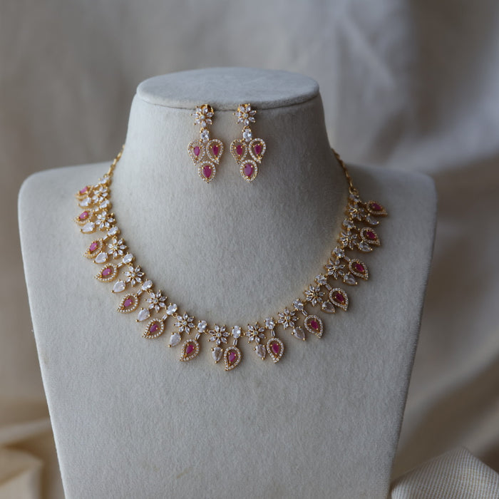 Heritage gold plated ruby white stone short necklace with earrings HRW8923