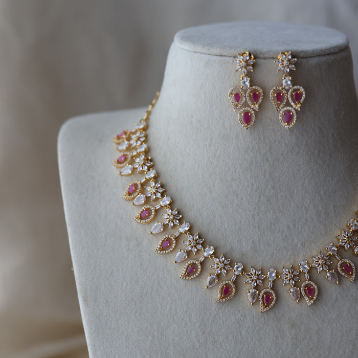 Heritage gold plated ruby white stone short necklace with earrings HRW8923
