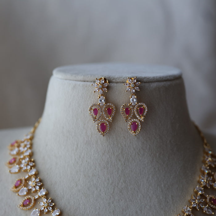 Heritage gold plated ruby white stone short necklace with earrings HRW8923
