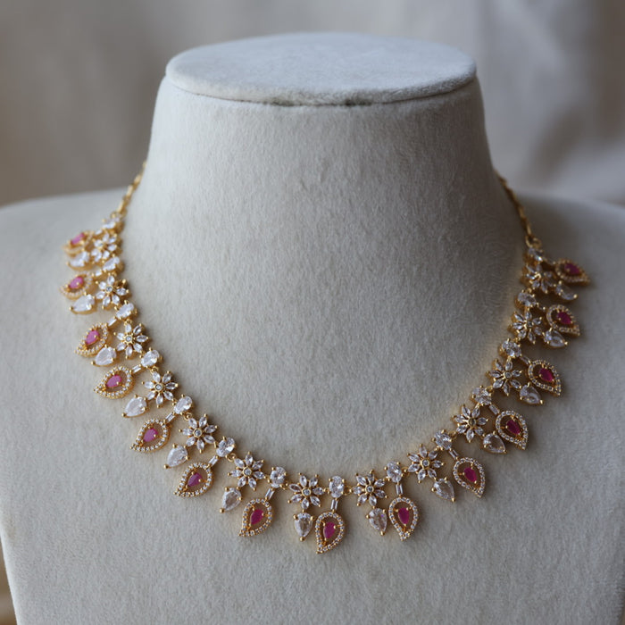Heritage gold plated ruby white stone short necklace with earrings HRW8923