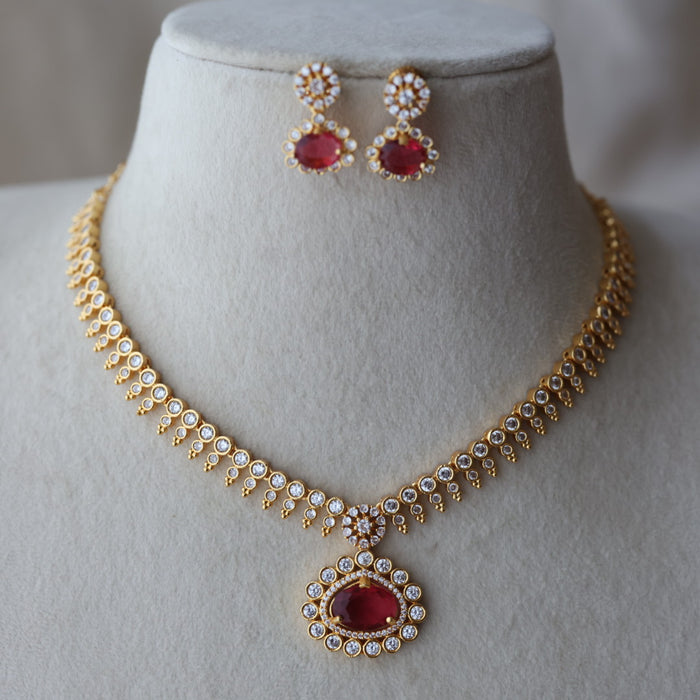Heritage gold plated ruby white stone short necklace with earrings HRW1920