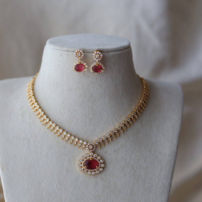 Heritage gold plated ruby white stone short necklace with earrings HRW1920