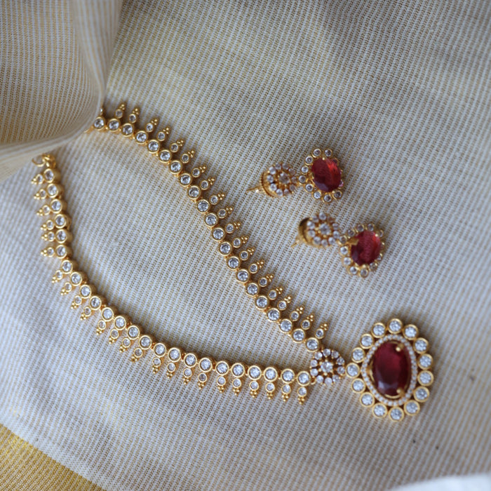 Heritage gold plated ruby white stone short necklace with earrings HRW1920