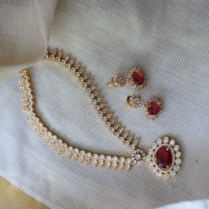 Heritage gold plated ruby white stone short necklace with earrings HRW1920