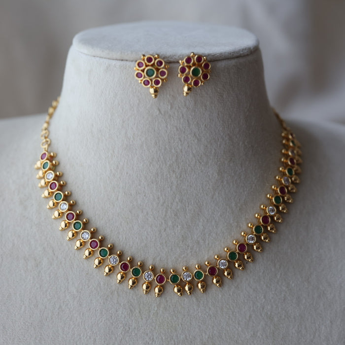 Heritage gold plated ruby green stone short necklace with earrings H781233