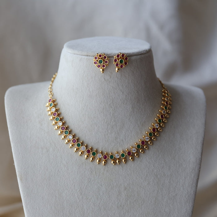 Heritage gold plated ruby green stone short necklace with earrings H781233