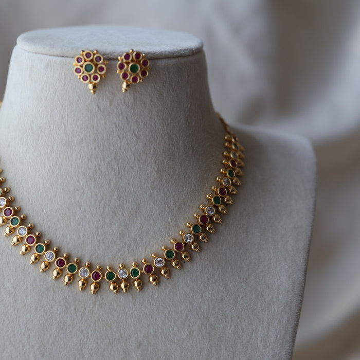 Heritage gold plated ruby green stone short necklace with earrings H781233