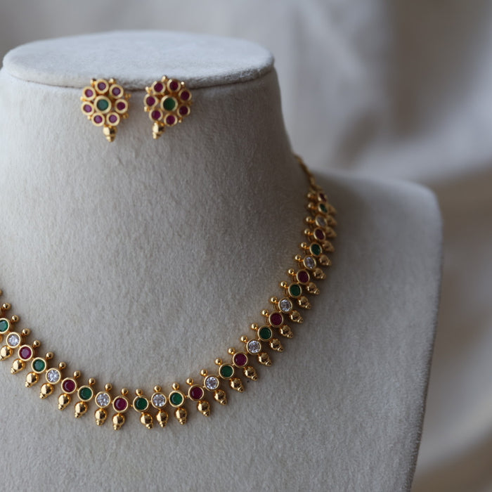Heritage gold plated ruby green stone short necklace with earrings H781233