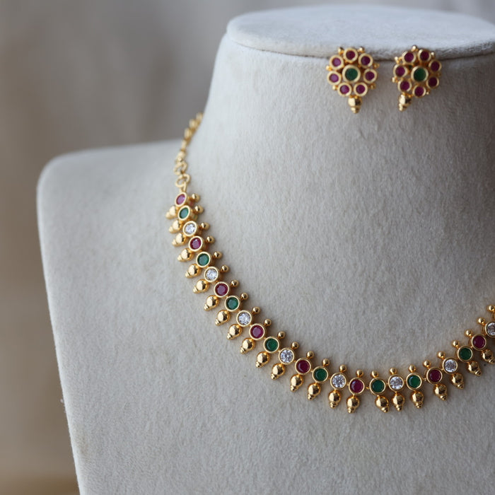 Heritage gold plated ruby green stone short necklace with earrings H781233