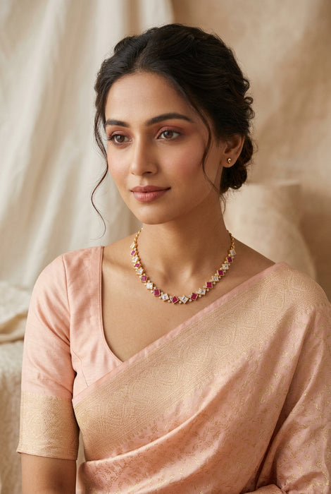 Heritage gold plated ruby white stone short necklace HR1830