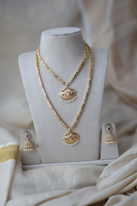 Heritage gold plated ruby white stone long and short necklace with earrings HLS189