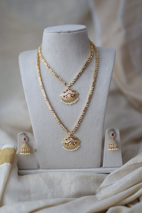Heritage gold plated ruby white stone long and short necklace with earrings HLS189