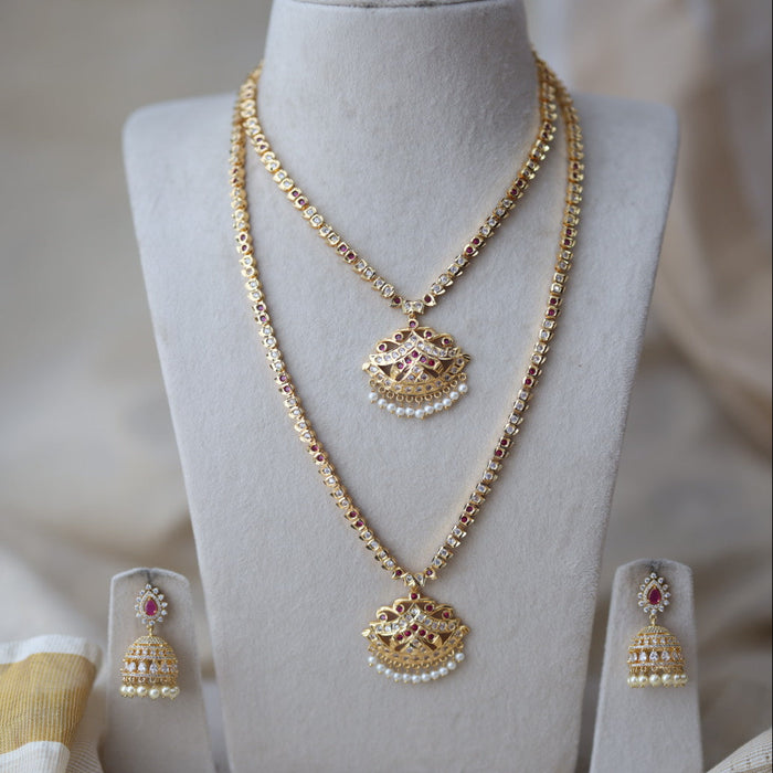 Heritage gold plated ruby white stone long and short necklace with earrings HLS189