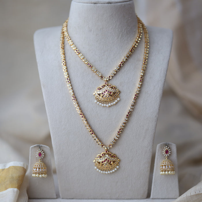 Heritage gold plated ruby white stone long and short necklace with earrings HLS189