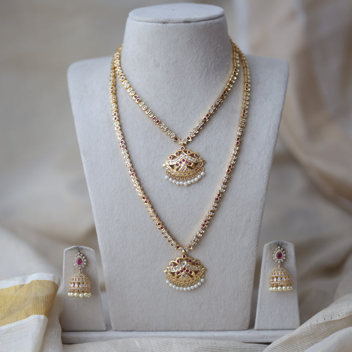 Heritage gold plated ruby white stone long and short necklace with earrings HLS189