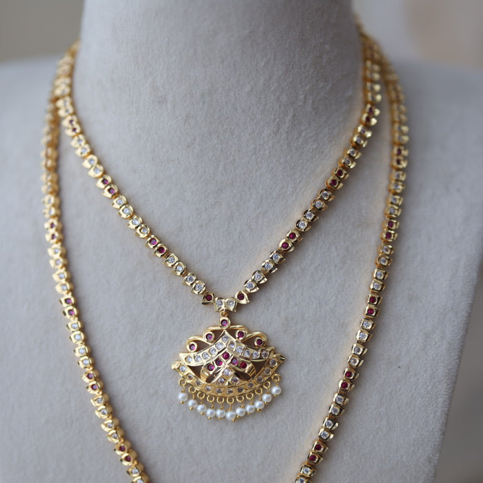 Heritage gold plated ruby white stone long and short necklace with earrings HLS189