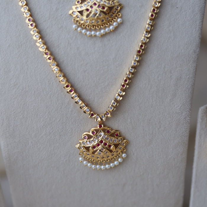 Heritage gold plated ruby white stone long and short necklace with earrings HLS189