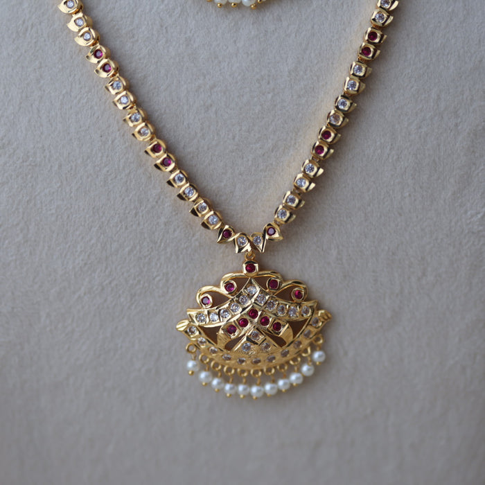 Heritage gold plated ruby white stone long and short necklace with earrings HLS189