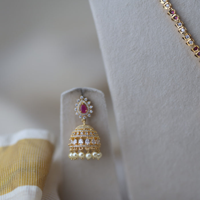 Heritage gold plated ruby white stone long and short necklace with earrings HLS189