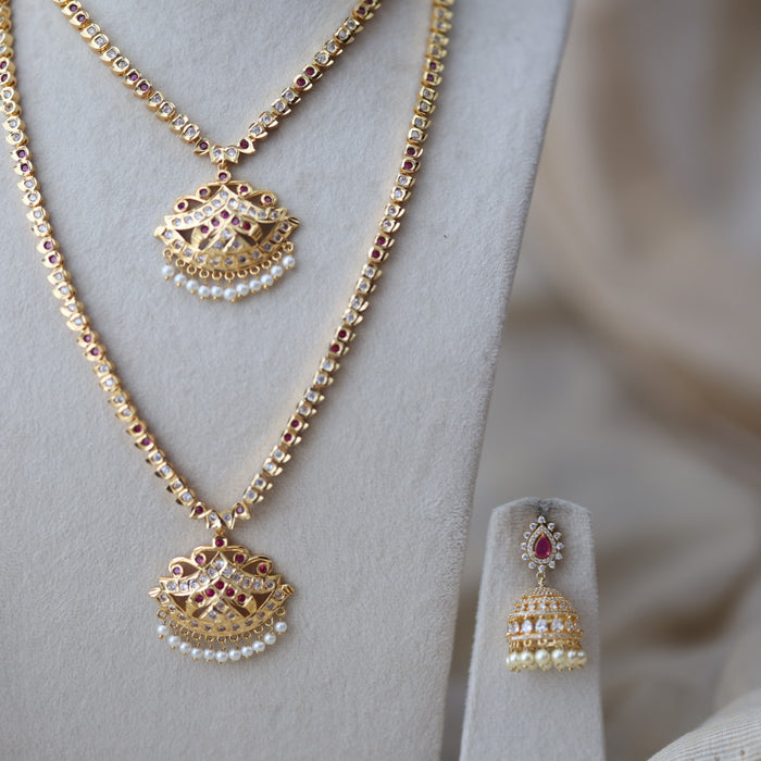 Heritage gold plated ruby white stone long and short necklace with earrings HLS189