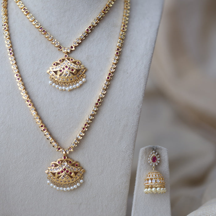 Heritage gold plated ruby white stone long and short necklace with earrings HLS189
