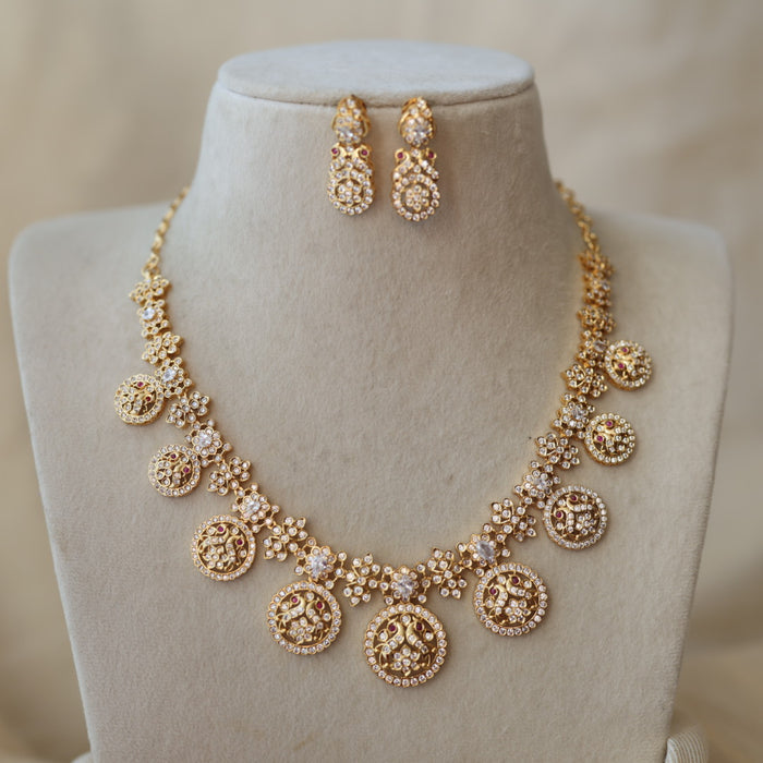 Heritage gold plated white stone coin design short necklace with earrings H7199