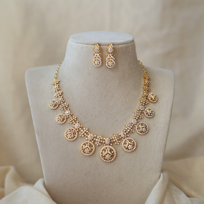 Heritage gold plated white stone coin design short necklace with earrings H7199