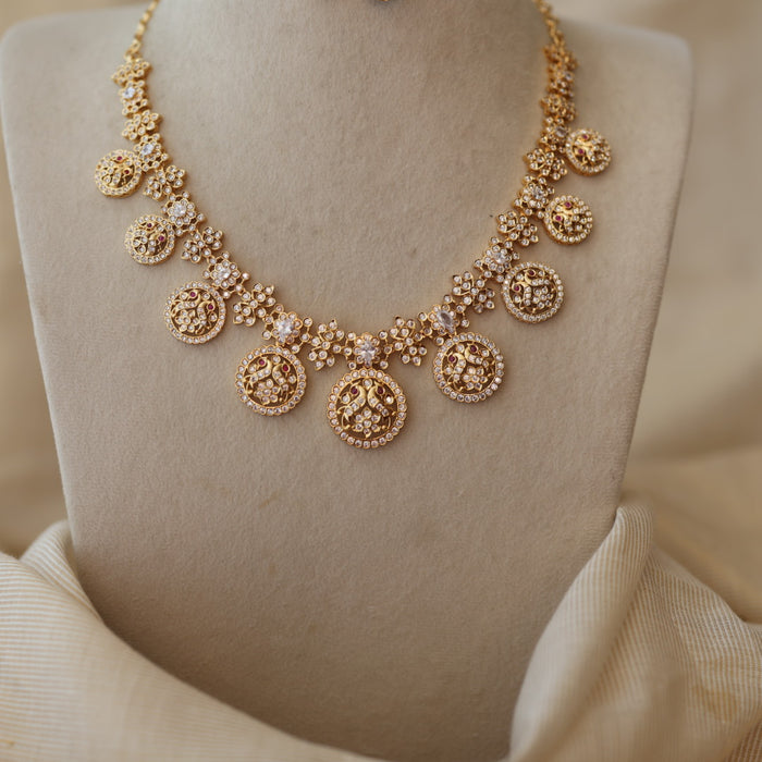 Heritage gold plated white stone coin design short necklace with earrings H7199
