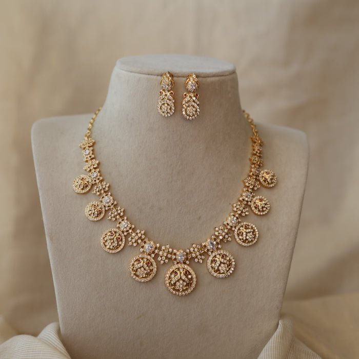 Heritage gold plated white stone coin design short necklace with earrings H7199
