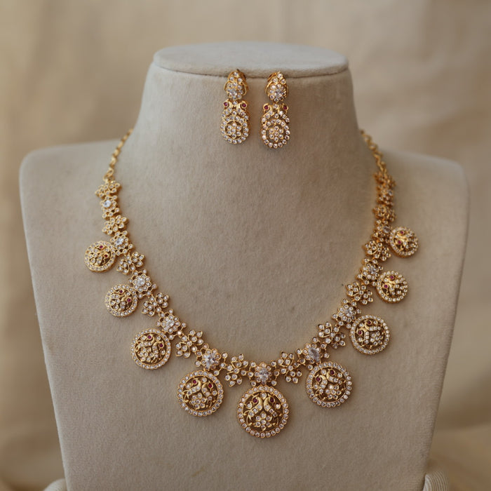 Heritage gold plated white stone coin design short necklace with earrings H7199