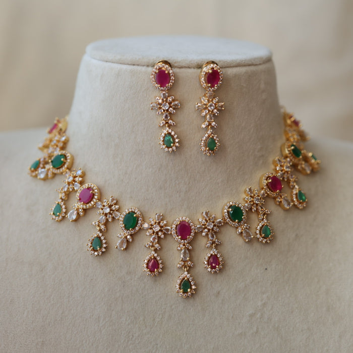Heritage gold plated multi stone mango designshort necklace with earrings H29989