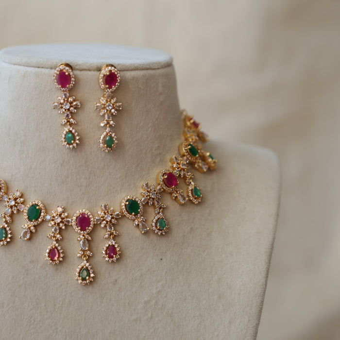 Heritage gold plated multi stone mango designshort necklace with earrings H29989
