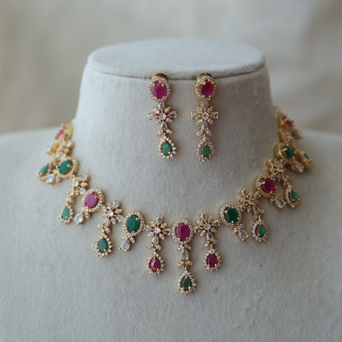 Heritage gold plated multi stone mango designshort necklace with earrings H29989