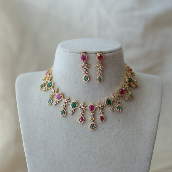 Heritage gold plated multi stone mango designshort necklace with earrings H29989