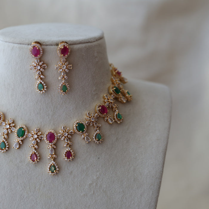 Heritage gold plated multi stone mango designshort necklace with earrings H29989