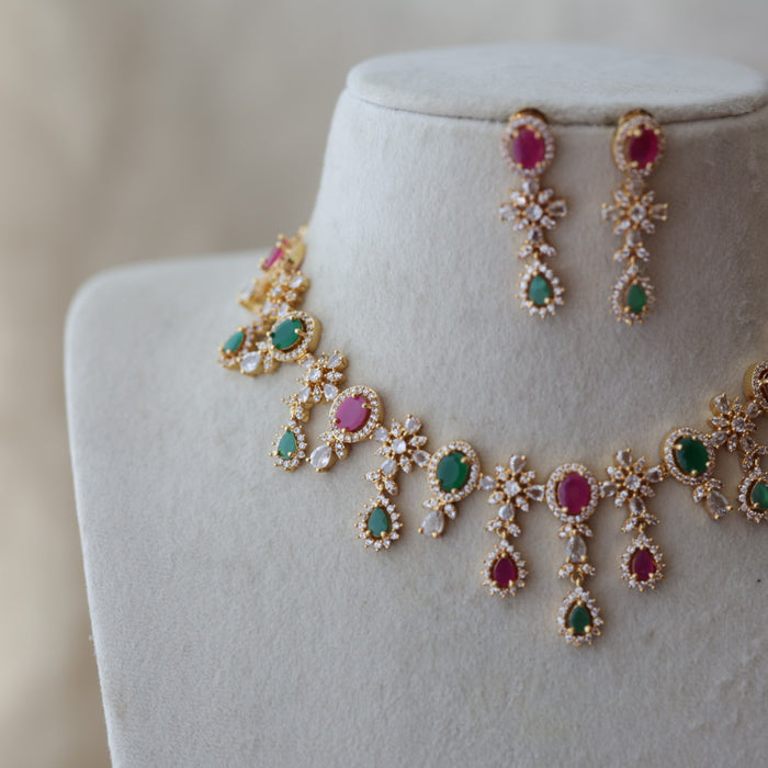 Heritage gold plated multi stone mango designshort necklace with earrings H29989